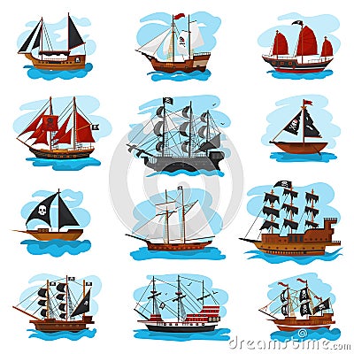 Piratic ship vector pirating boat vessel sailboat and powerful piratical speedboat illustration marine set of pirate Vector Illustration