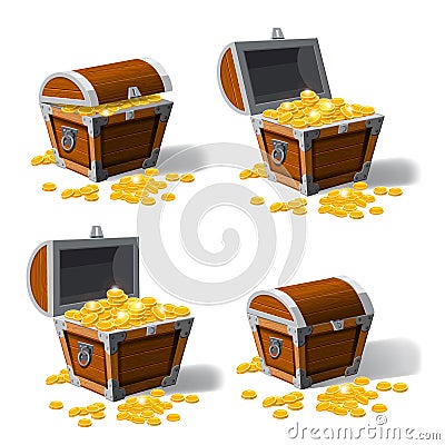 Piratic trunk chests with gold coins treasures. . Vector illustration. Catyoon style, isolated Vector Illustration