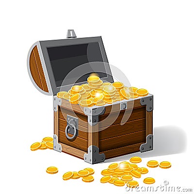 Piratic trunk chests with gold coins treasures. . Vector illustration. Catyoon style, isolated Vector Illustration