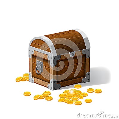 Piratic trunk chests with gold coins treasures. . Vector illustration. Catyoon style, isolated Vector Illustration