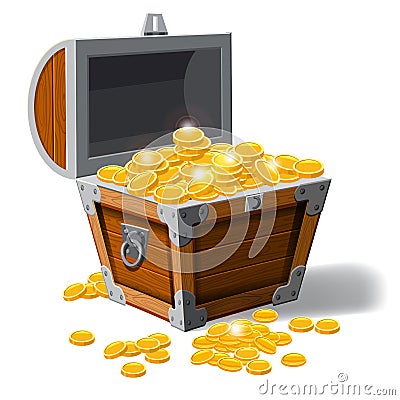 Piratic trunk chests with gold coins treasures. . Vector illustration. Catyoon style, isolated Vector Illustration