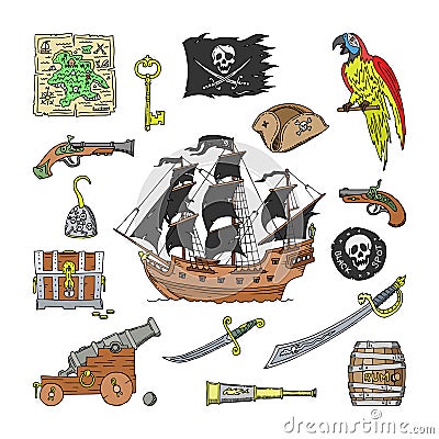 Piratic vector pirating sailboat and parrot character of pirot or buccaneer illustration set of piracy signs hat or Vector Illustration