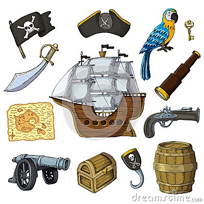 Piratic vector pirating sailboat parrot character of pirot or buccaneer illustration set of piracy signs hat chest sword Vector Illustration