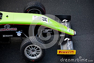 Pirelli wet racing tire on motorsport single seater car high angle view close up Editorial Stock Photo