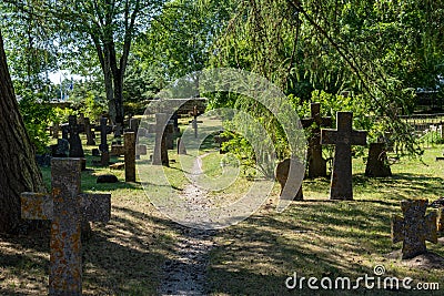 Many headstones of different types in the cemetery at the Pirita Convent Ruins in northern Estonia Editorial Stock Photo