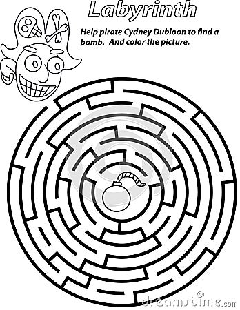 Black and white circle labyrinth with pirate and bomb stock vector illustration. Vector Illustration