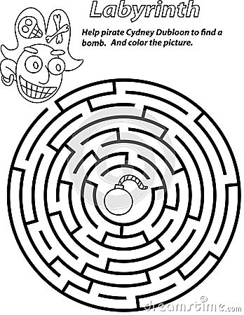 Black and white pirate and bomb circle labyrinth stock vector illustration. Vector Illustration