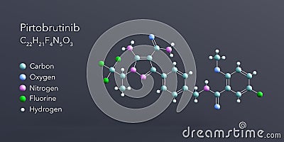 pirtobrutinib molecule 3d rendering, flat molecular structure with chemical formula and atoms color coding Stock Photo