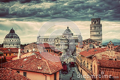 Pisa Cathedral with the Leaning Tower panorama. Unique rooftop view. Stock Photo