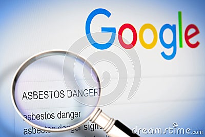 PISA, ITALY - CIRCA FEBRUARY, 2019. Google.com homepage with asbestos danger text on search bar. Google is world`s most popular Editorial Stock Photo