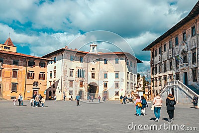 Pisa, Italy - March 18, 2023: Piazza dei Cavalieri, Palazzo della Carovana, Palazzo dell'Orologio in Pisa, Italy Editorial Stock Photo