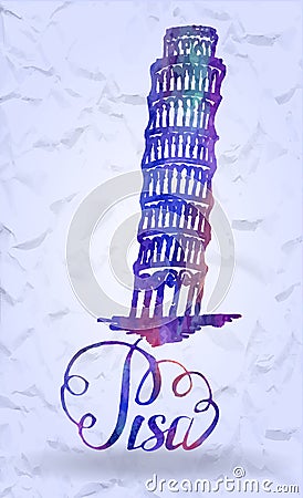 Pisa label with hand drawn Leaning tower of Pisa, lettering Pisa with watercolor fill Vector Illustration