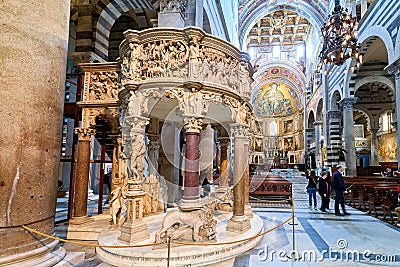 Pisa Tuscany Italy. The pulpit sculpted by Giovanni Pisano inside the Cathedral Editorial Stock Photo