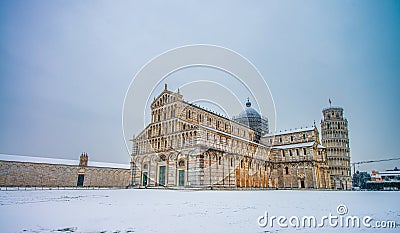 Pisa under the snow. The famous cathedral in Field of Miracles after a snowstorm Stock Photo