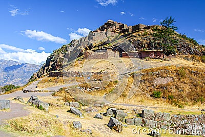 Pisac - Ruins of Incan citadel in Urubamba Sacred Valley, Peru Stock Photo