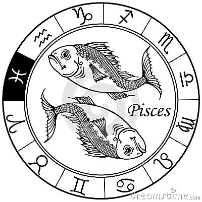 Pisces astrological zodiac sign. Black and white Vector Illustration