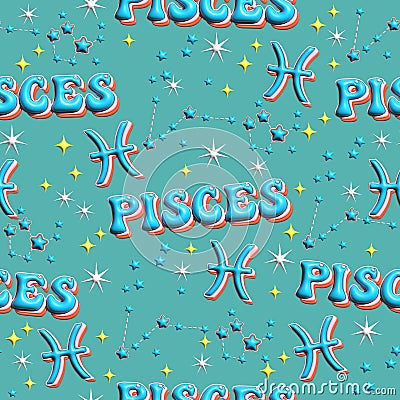 Pisces Cute 3D illustration Zodiac signs seamless pattern , Zodiac icons astrological pattern Horoscope symbols Cartoon Illustration