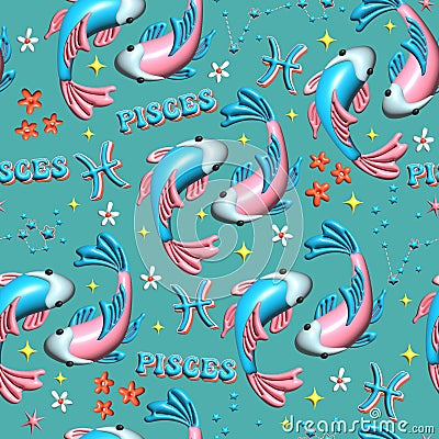Pisces Cute 3D illustration Zodiac signs seamless pattern , Zodiac icons astrological pattern Horoscope symbols Vector Illustration