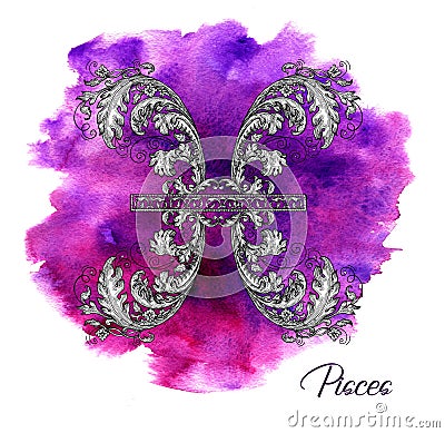 Pisces or Fish Zodiac Sign on purple watercolor background Cartoon Illustration