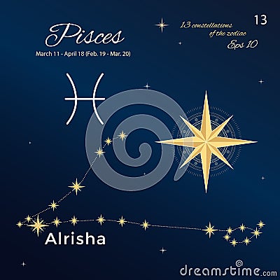 Pisces. High detailed vector illustration. 13 constellations of the zodiac with titles and proper names for stars. Vector Illustration