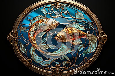 Pisces zodiac sign, fish astrological design, astrology horoscope symbol of February March month background with cosmic animal in Stock Photo