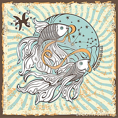 Pisces zodiac sign.Vintage Horoscope card Vector Illustration