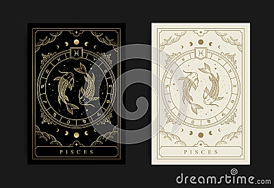 Pisces zodiac symbol with engraving, hand drawn, luxury, esoteric and boho styles. Fit for paranormal, tarot readers and Vector Illustration