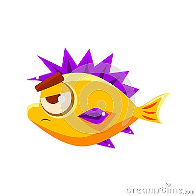 Off Yellow Fantastic Aquarium Tropical Fish With Spiky Purple Fins Cartoon Character Vector Illustration