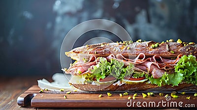 Pistachio Adorned Mortadella Delight: A Majestic Display on a Rustic Wooden Table Stock Photo