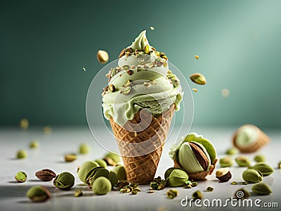 Pistachio gelato ice cream, floating, delicious refreshing treat flavored with pistachios, cinematic advertising photography Stock Photo