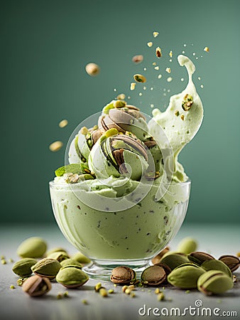 Pistachio gelato ice cream, floating, delicious refreshing treat flavored with pistachios, cinematic advertising photography Stock Photo