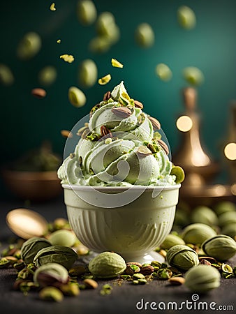 Pistachio gelato ice cream, floating, delicious refreshing treat flavored with pistachios, cinematic advertising photography Stock Photo