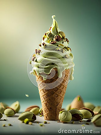 Pistachio gelato ice cream, floating, delicious refreshing treat flavored with pistachios, cinematic advertising photography Stock Photo