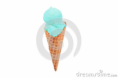 Pistachio ice cream cone on white background. Stock Photo