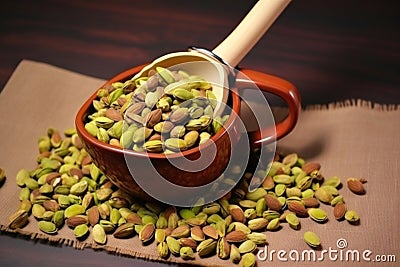 pistachios gathered in a stylish ceramic shovel on a table Stock Photo