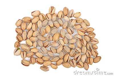 Pistachios isolated on white background. Panorama made of pistachio heap close-up. Nuts pile collection. Top view Stock Photo