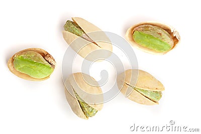 Pistachios isolated on white background, top view. Flat lay Stock Photo