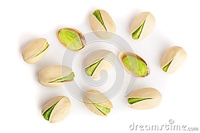 Pistachios isolated on white background, top view. Flat lay Stock Photo