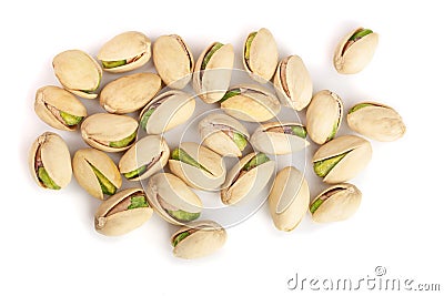 Pistachios isolated on white background, top view. Flat lay Stock Photo