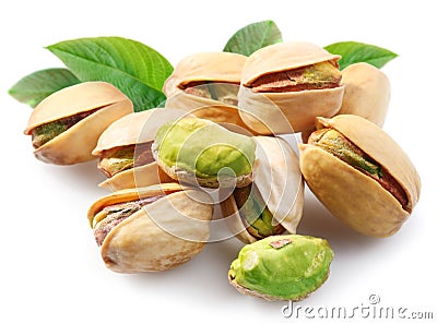 Pistachios with leaves on. Stock Photo