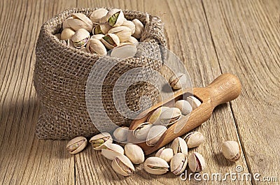 Pistachios in sack Stock Photo