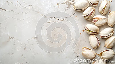 Pistachios on white table with extensive area for text or graphics, ideal for versatile usage Stock Photo