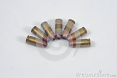 Pistol ammunition 9mm on white background Stock Photo