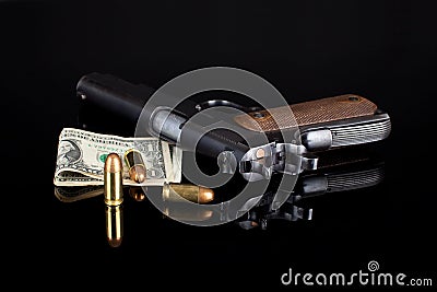 Pistol 1911 with ammunition on black Stock Photo