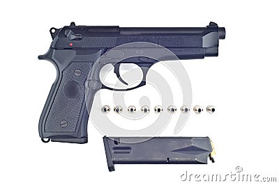 Pistol bullet and magazine . Stock Photo