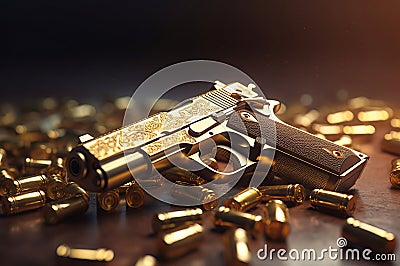 Pistol laying on gold ingots. Generate ai Stock Photo