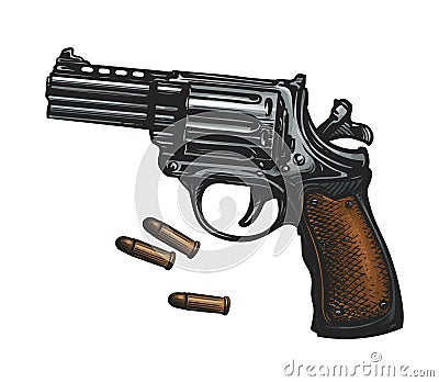 Pistol, revolver gun and ammo, sketch. Vintage vector illustration Vector Illustration