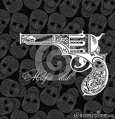 Pistol tattoo card on skull background Vector Illustration