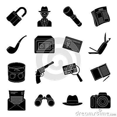 Pistol, tube, identification, magnifier and other attributes. Detective set collection icons in black style vector Vector Illustration