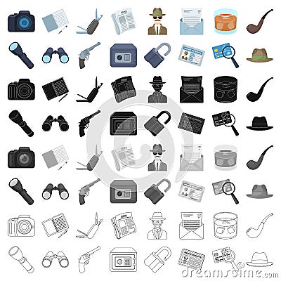 Pistol, tube, identification, magnifier and other attributes. Detective set collection icons in cartoon style vector Vector Illustration